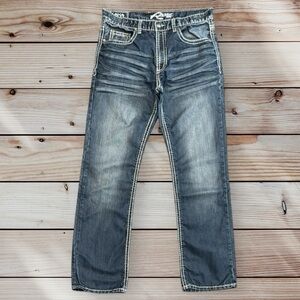 Request Y2K Relaxed Straight Distressed Embroidered Blue Denim Men's Jeans 34x34
